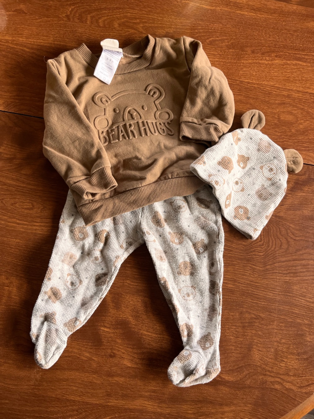 Bear Hugs Tan and Cream Baby Matching Set - Sweatshirt, Footed Pants & Hat